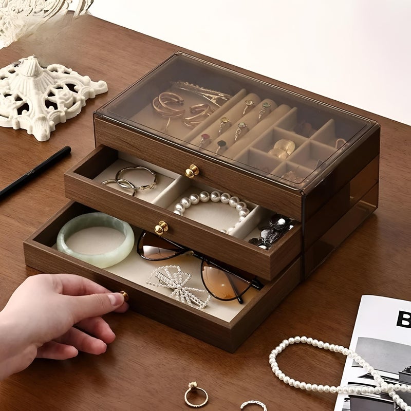Makeup Organizer - Luxurious wooden chest with three drawers and see-through lid for jewelry rings bracelets necklaces cosmetics stylish storage 15x5x10cm (option 1) - Image 3