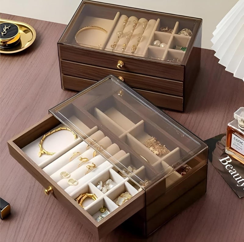 Makeup Organizer - Luxurious wooden chest with three drawers and see-through lid for jewelry rings bracelets necklaces cosmetics stylish storage 15x5x10cm (option 1) - Image 2