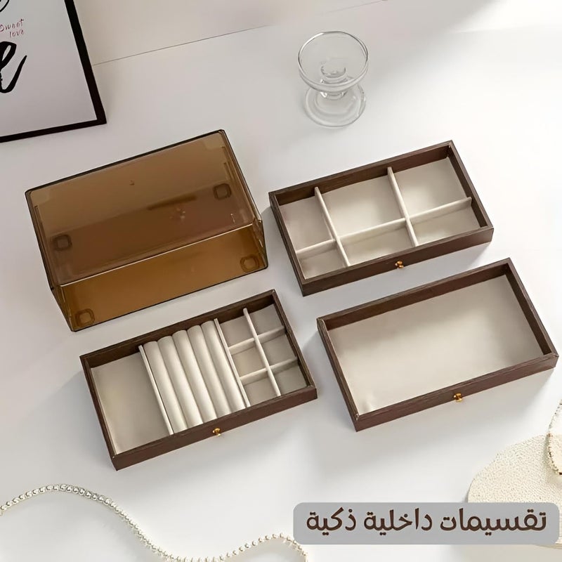 Makeup Organizer - Luxurious wooden chest with three drawers and see-through lid for jewelry rings bracelets necklaces cosmetics stylish storage 15x5x10cm (option 1) - Image 4