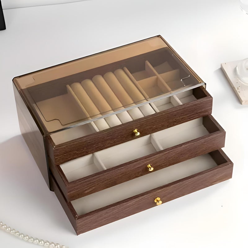 Makeup Organizer - Luxurious wooden chest with three drawers and see-through lid for jewelry rings bracelets necklaces cosmetics stylish storage 15x5x10cm (option 1) - Image 1