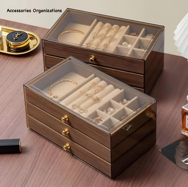Makeup Organizer - Luxurious wooden chest with three drawers and see-through lid for jewelry rings bracelets necklaces cosmetics stylish storage 15x5x10cm (option 1) - Image 5