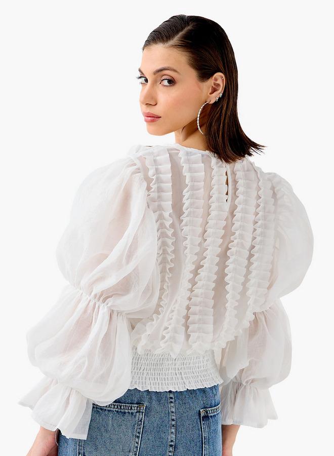 تواكستريمز بلوزة بياقة مستديرة وأكمام طويلة بتفاصيل كشكش من تو إكستريمز - Image 3
