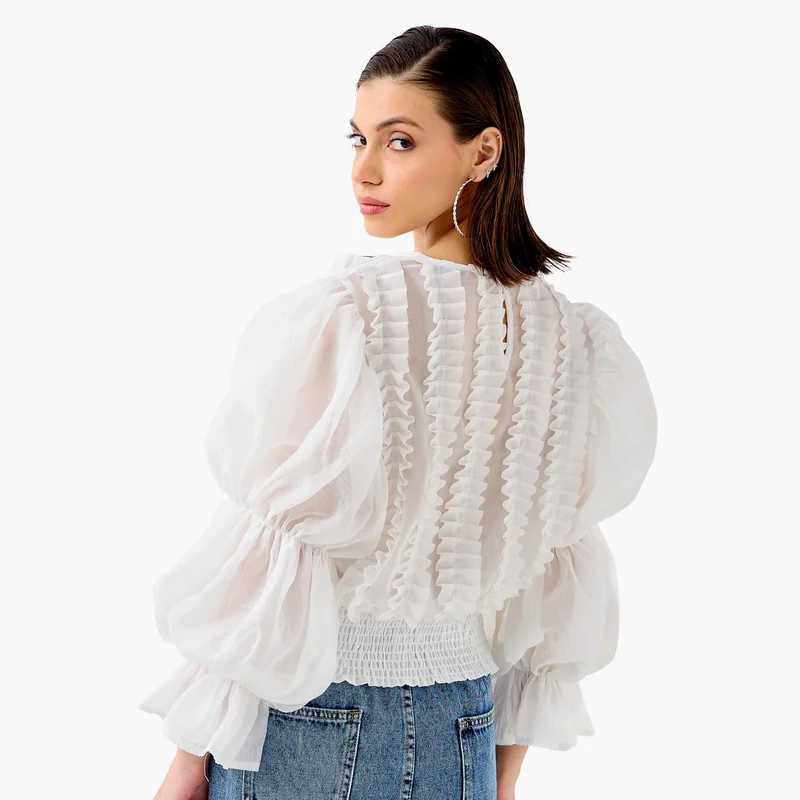 2Xtremz 2Xtremz Ruffle Detail Top with Round Neck and Long Sleeves