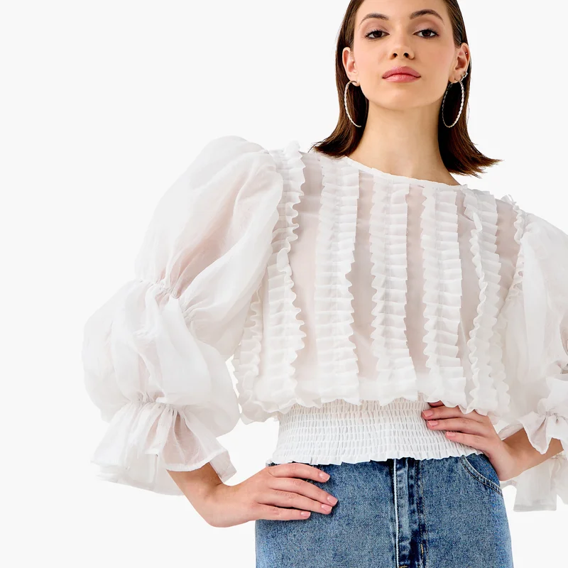 2Xtremz 2Xtremz Ruffle Detail Top with Round Neck and Long Sleeves