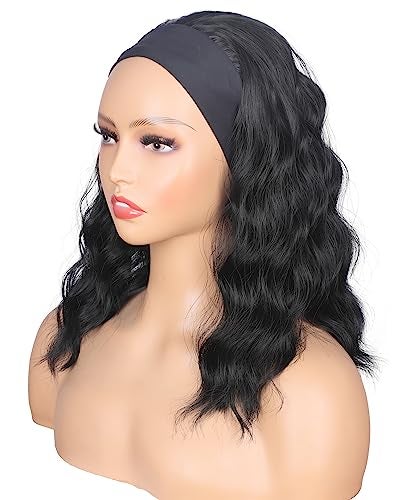 SYMEIW Black Wavy Headband Wig For Black Women Curly Half Wigs With Headband Attached Synthetic Wrap Wigs For Daily Use (Black) - Image 5