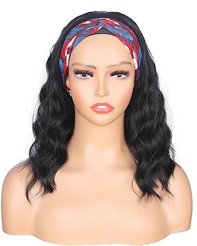 SYMEIW Black Wavy Headband Wig For Black Women Curly Half Wigs With Headband Attached Synthetic Wrap Wigs For Daily Use (Black) - Image 1