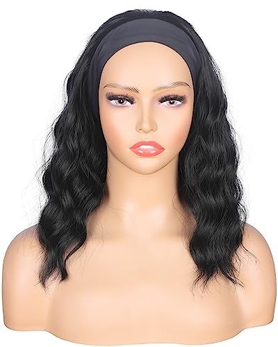 SYMEIW Black Wavy Headband Wig For Black Women Curly Half Wigs With Headband Attached Synthetic Wrap Wigs For Daily Use (Black) - Image 2