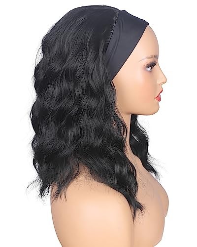 SYMEIW Black Wavy Headband Wig For Black Women Curly Half Wigs With Headband Attached Synthetic Wrap Wigs For Daily Use (Black) - Image 4