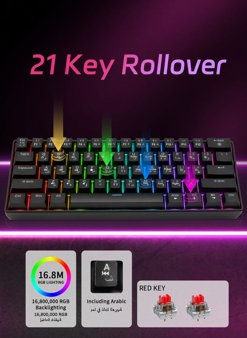 UCHUANG 61-Key English Arabic Mechanical Keyboard, Red Switch Hybrid Light Compact Mini Wired Keyboard for PC, Mac E-sports Portable Gaming Keyboard - Black - Image 3