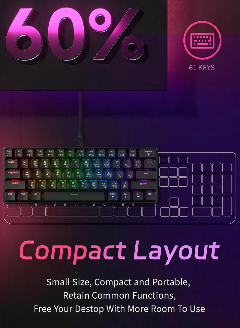 UCHUANG 61-Key English Arabic Mechanical Keyboard, Red Switch Hybrid Light Compact Mini Wired Keyboard for PC, Mac E-sports Portable Gaming Keyboard - Black - Image 2