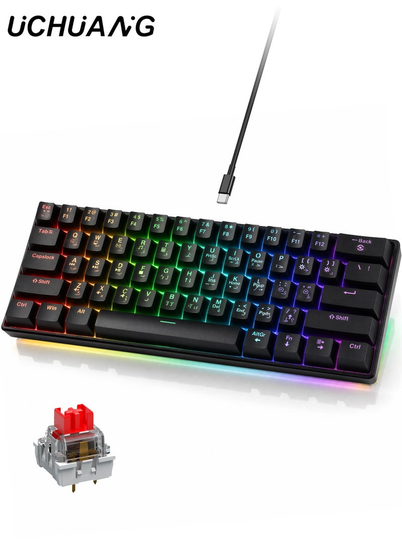 UCHUANG 61-Key English Arabic Mechanical Keyboard, Red Switch Hybrid Light Compact Mini Wired Keyboard for PC, Mac E-sports Portable Gaming Keyboard - Black - Image 1