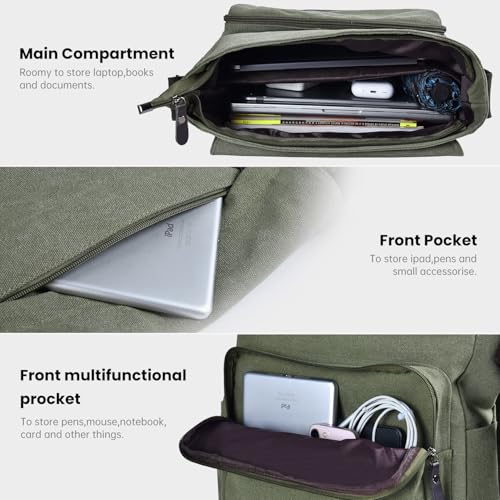 CAAORDKSO Canvas Vintage Messenger Bag Shoulder bag Large Travel Crossbody bags for Men Women 14 inch Laptop Bag Bookbag Work (Army Green) - Image 4