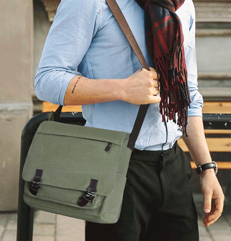 CAAORDKSO Canvas Vintage Messenger Bag Shoulder bag Large Travel Crossbody bags for Men Women 14 inch Laptop Bag Bookbag Work (Army Green) - Image 2