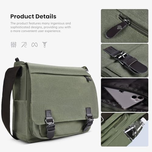 CAAORDKSO Canvas Vintage Messenger Bag Shoulder bag Large Travel Crossbody bags for Men Women 14 inch Laptop Bag Bookbag Work (Army Green) - Image 5