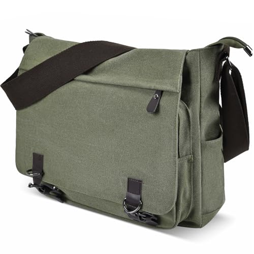 CAAORDKSO Canvas Vintage Messenger Bag Shoulder bag Large Travel Crossbody bags for Men Women 14 inch Laptop Bag Bookbag Work (Army Green) - Image 1