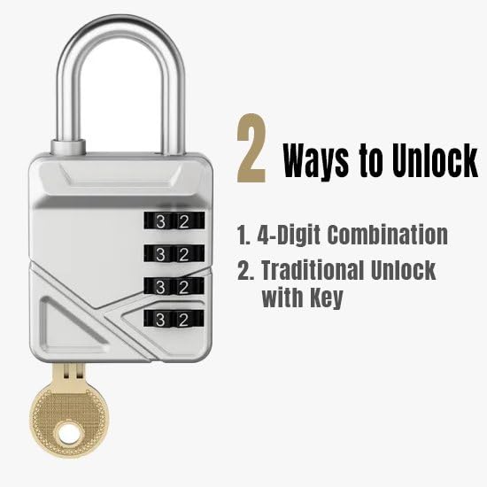 Jukusa 2-in-1 Padlock with Key & 4-Digit Combination | Heavy Duty Metal Security Lock with Resettable Code Wheel | Dual Unlock Lock for Gym Locker, Luggage, Storage & Travel (Silver) - Image 5