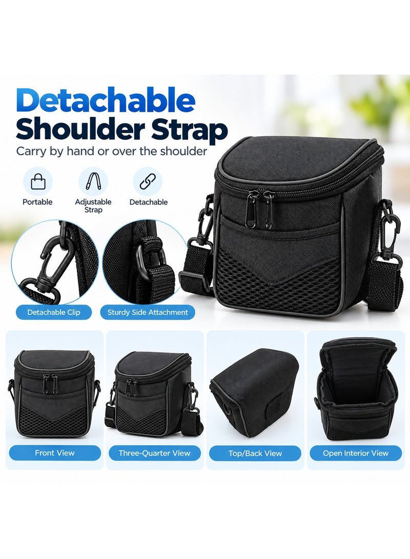PTTIMFFM Compact Camera Bag, Black Camera Carrying Case, Double Zipper Closure, Front Mesh Pocket, Adjustable Detachable Shoulder Strap, Portable Camera Pouch for Travel (14*15*9 CM) - Image 3