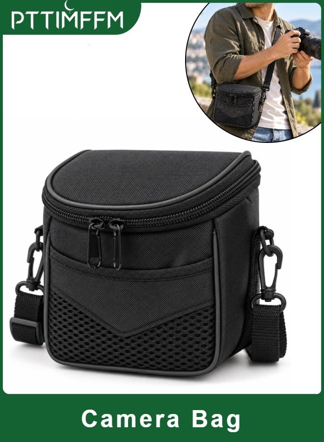 PTTIMFFM Compact Camera Bag, Black Camera Carrying Case, Double Zipper Closure, Front Mesh Pocket, Adjustable Detachable Shoulder Strap, Portable Camera Pouch for Travel (14*15*9 CM) - Image 1