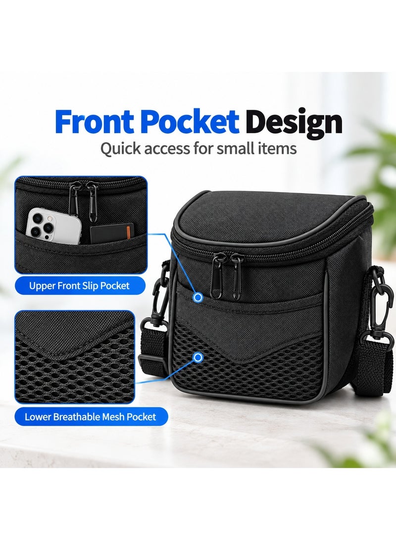 PTTIMFFM Compact Camera Bag, Black Camera Carrying Case, Double Zipper Closure, Front Mesh Pocket, Adjustable Detachable Shoulder Strap, Portable Camera Pouch for Travel (14*15*9 CM) - Image 2