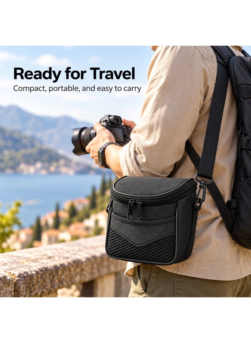 PTTIMFFM Compact Camera Bag, Black Camera Carrying Case, Double Zipper Closure, Front Mesh Pocket, Adjustable Detachable Shoulder Strap, Portable Camera Pouch for Travel (14*15*9 CM) - Image 4