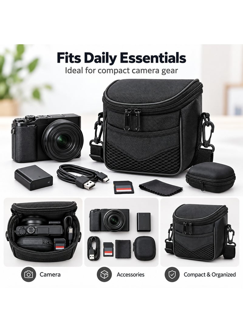 PTTIMFFM Compact Camera Bag, Black Camera Carrying Case, Double Zipper Closure, Front Mesh Pocket, Adjustable Detachable Shoulder Strap, Portable Camera Pouch for Travel (14*15*9 CM) - Image 5