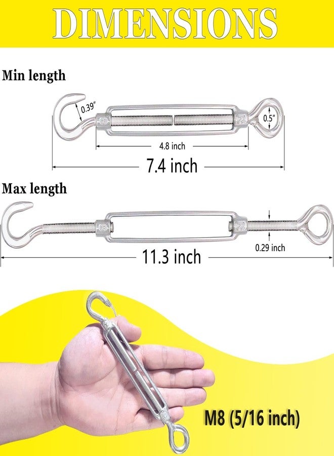 Lsqurel Turnbuckle Lsqurel 10PCS 304 Stainless Steel Turnbuckle Hook and Eye Heavy Duty M4 M6 M8 M10 Tensioner Adjustable Shade Sail Hardware for Tightening up Metal Cable Wire 5/32 1/4 5/16 3/8 - Image 2
