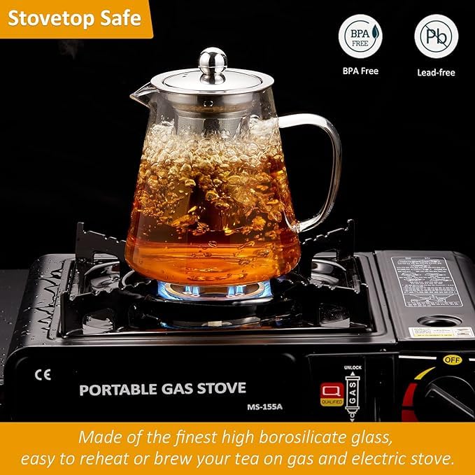 KHOLAD Glass Kettle Teapot with Removable Infuser Lid Handle Glass Tea Kettle Stovetop Microwave Safe Great for Loose Leaf Tea Blooming Tea Tea Bags Fruit Infused Water Round - Image 3