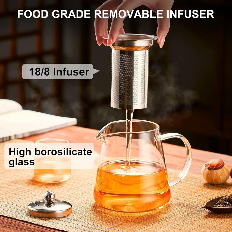 KHOLAD Glass Kettle Teapot with Removable Infuser Lid Handle Glass Tea Kettle Stovetop Microwave Safe Great for Loose Leaf Tea Blooming Tea Tea Bags Fruit Infused Water Round - Image 4