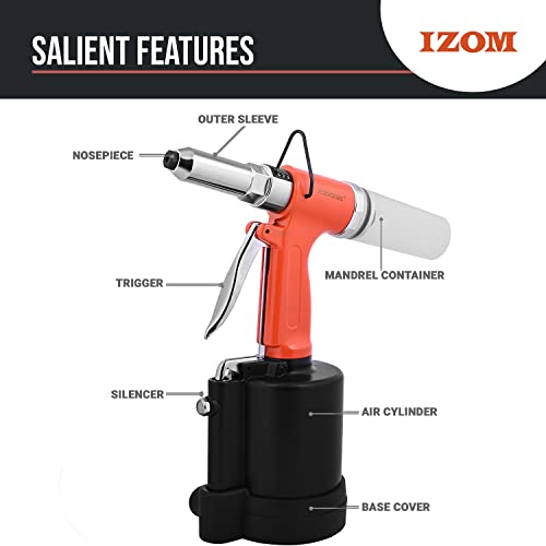 IZOM IZ-6017 Pneumatic POP Rivitter (3.2mm, 4.00mm, 4.80mm & 6.4mm) 1400kgs Pull Force Heavy Duty Design with Front Exhaust Ideal for Assembly Line - Image 3