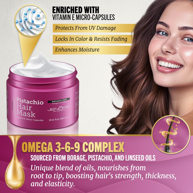 Jenoris Pistachio Hair Mask for Dry Damaged Hair â€“ Deep Conditioning Hair Mask Treatment with Pistachio Oil & Vitamin E, For Color-Treated Hair, For Hair Repair, Paraben & Salt Free, 10.14 Fl Oz - Image 5