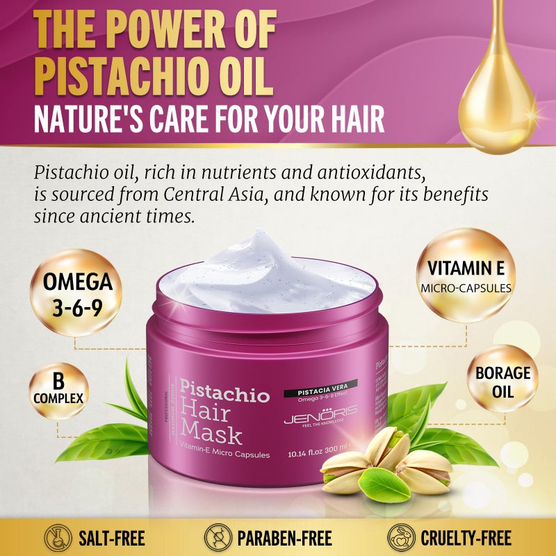 Jenoris Pistachio Hair Mask for Dry Damaged Hair â€“ Deep Conditioning Hair Mask Treatment with Pistachio Oil & Vitamin E, For Color-Treated Hair, For Hair Repair, Paraben & Salt Free, 10.14 Fl Oz - Image 2