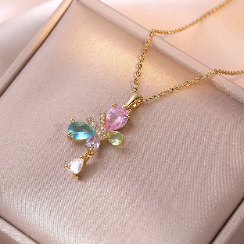 Colorful Zirconic Golden Stainless Steel Pendant Necklace - Image 2