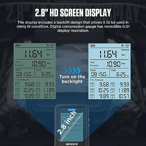 AUTOOL Digital Compression Tester Automotive Compression Gauge 0-426PSI 0~29bar for Petrol Engine Cylinder Compression Test Tool Kit with Adapters & Hoses, 6 Data Saving, Backlit Screen - Image 5