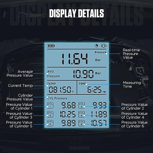 AUTOOL Digital Compression Tester Automotive Compression Gauge 0-426PSI 0~29bar for Petrol Engine Cylinder Compression Test Tool Kit with Adapters & Hoses, 6 Data Saving, Backlit Screen - Image 3