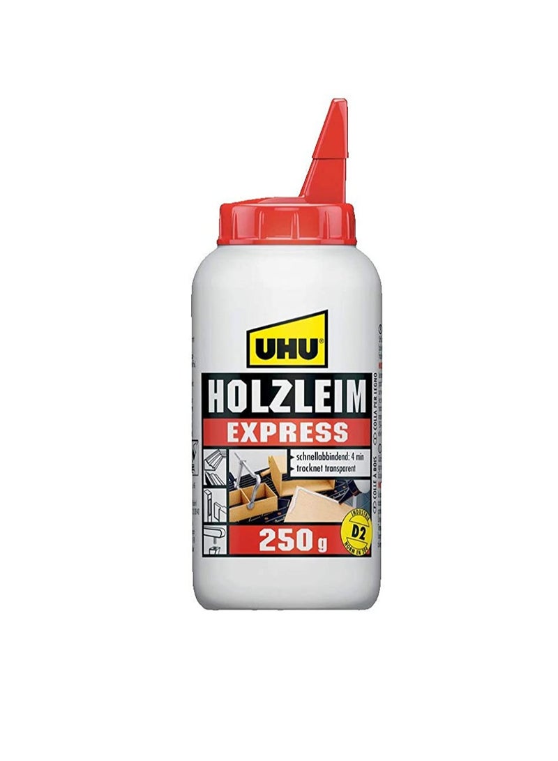 UHU HOLZLEIM EXPRESS WOOD GLUE, D2 indoor moisture resistant white glue, extremely fast, bottle,250 g, dries transparent, adhesive for DIY, building, repair and model making - Image 1
