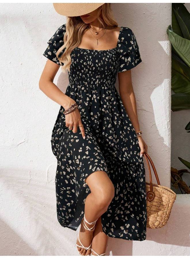 Black Spring Fashion Ruffled Floral Dress