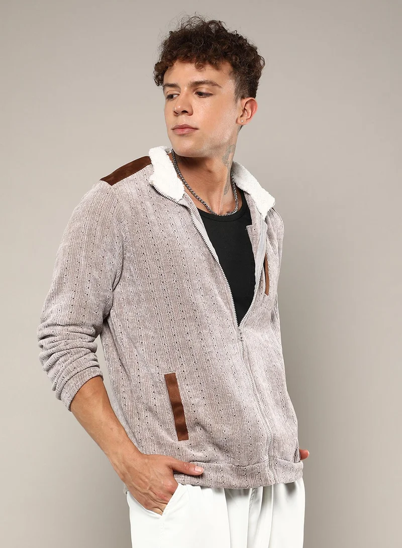 Campus Sutra Men's Brown Zip-Front Cable Knit Jacket