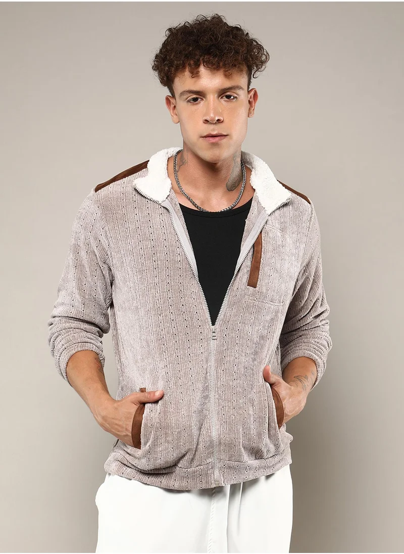 Campus Sutra Men's Brown Zip-Front Cable Knit Jacket