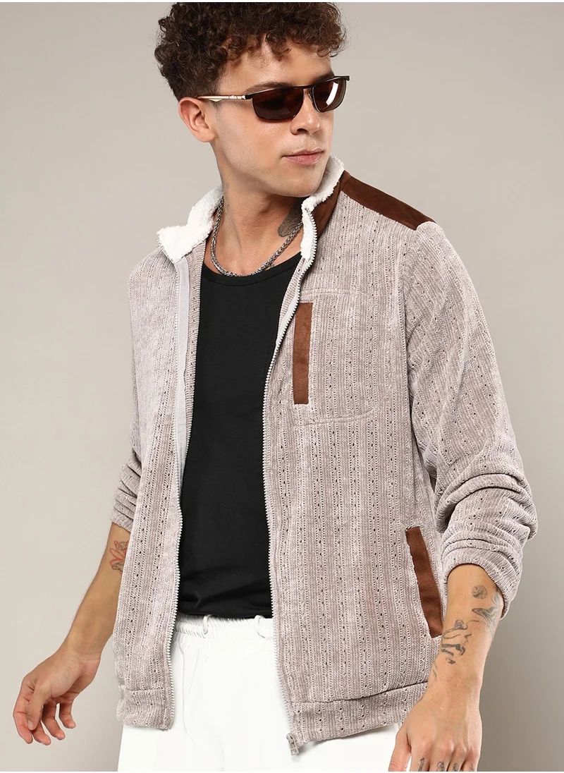 Campus Sutra Men's Brown Zip-Front Cable Knit Jacket