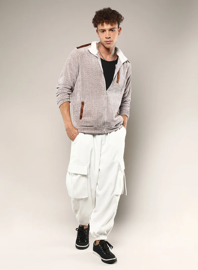 Campus Sutra Men's Brown Zip-Front Cable Knit Jacket