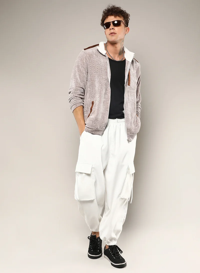 Campus Sutra Men's Brown Zip-Front Cable Knit Jacket