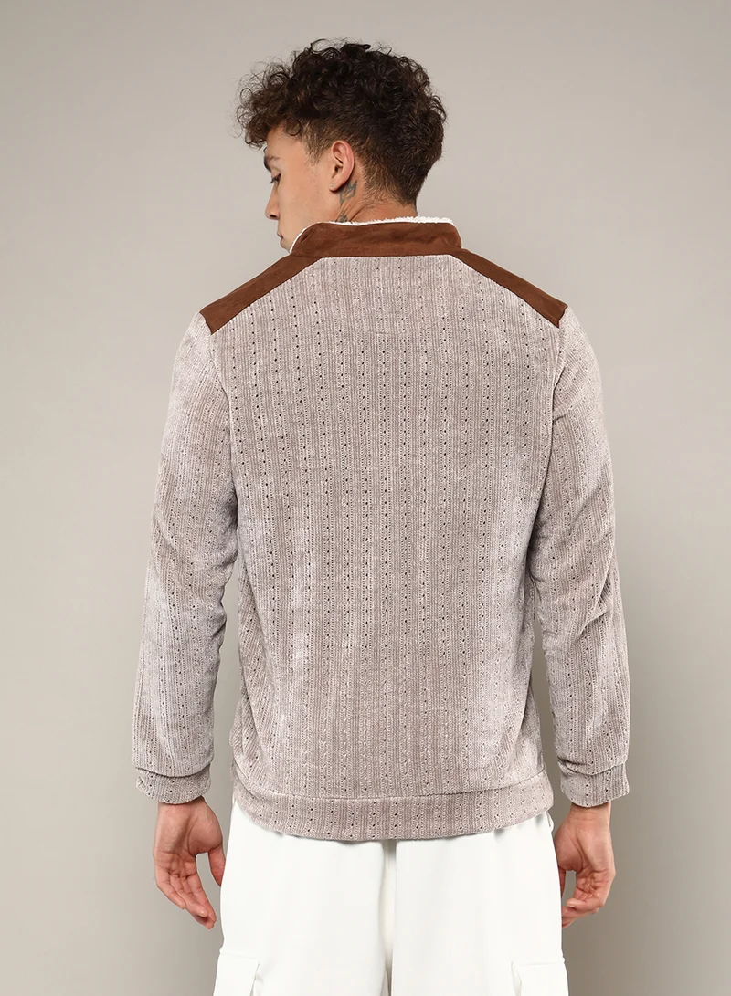 Campus Sutra Men's Brown Zip-Front Cable Knit Jacket