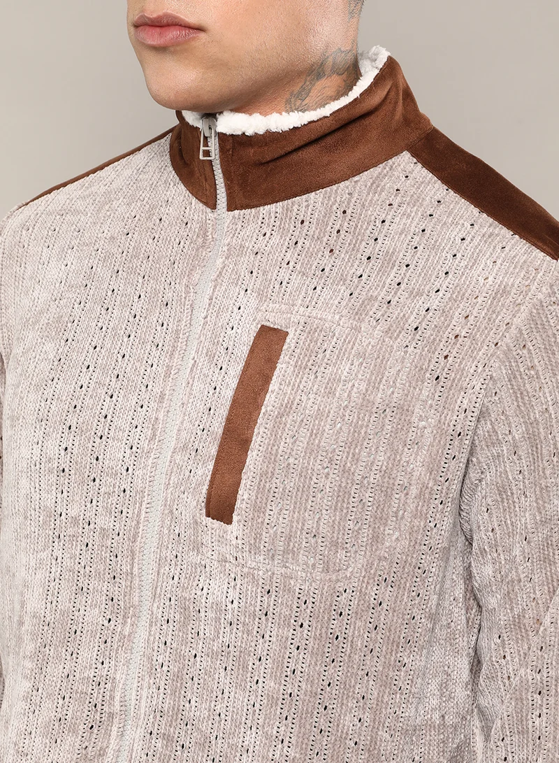 Campus Sutra Men's Brown Zip-Front Cable Knit Jacket