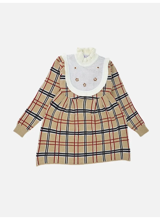 صندوق المفاجآت الصغيرة Box Beige sailor Checkered Knitted Frock Winterwear for girls -3-4Y