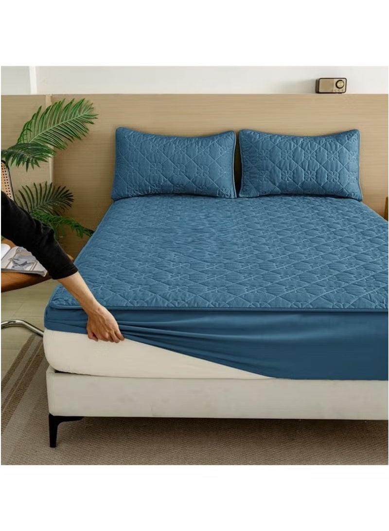 Huitich Waterproof Fitted Bedding Topper Set 180x200 cm – Blue | Mattress Protector with 2 Pillowcases - Image 2