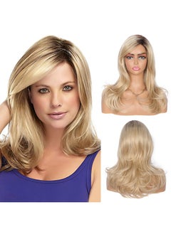 Kalyss Ladies Ombre Blonde Dark Brown Roots Long Curly Wavy Heat Resistant Synthetic Hair Wig For Women Blonde Wig With Bangs 