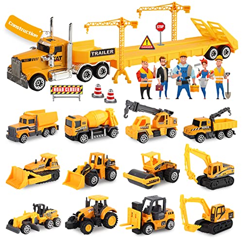 Oriate 28pcs Construction Toys for Kids 12pcs Mini Diecast Construction Vehicles Toy with Flatbed Transport Trailer Educational Digger Excavator Bulldozer Forklift Trucks Cake Topper Stickers - Image 1