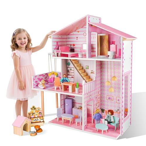 Doloowee Wooden Dollhouse for Girls Modern Doll House with 31Pcs Furniture Accessories DIY Pretend Play Toys with 4 Dolls Figure and 1 Puppy Gift for Kids Ages 3 - Image 1
