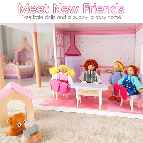 Doloowee Wooden Dollhouse for Girls Modern Doll House with 31Pcs Furniture Accessories DIY Pretend Play Toys with 4 Dolls Figure and 1 Puppy Gift for Kids Ages 3 - Image 5