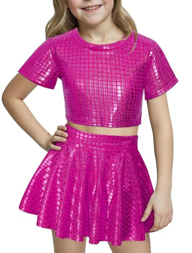 Happy Cherry Girls shiny dance top with skirt Toddler Metallic Short Sleeve Cheerleading Crop Top Pleated Ruffle Skirt Jazz Hip Hop Performance Outfits - Image 1